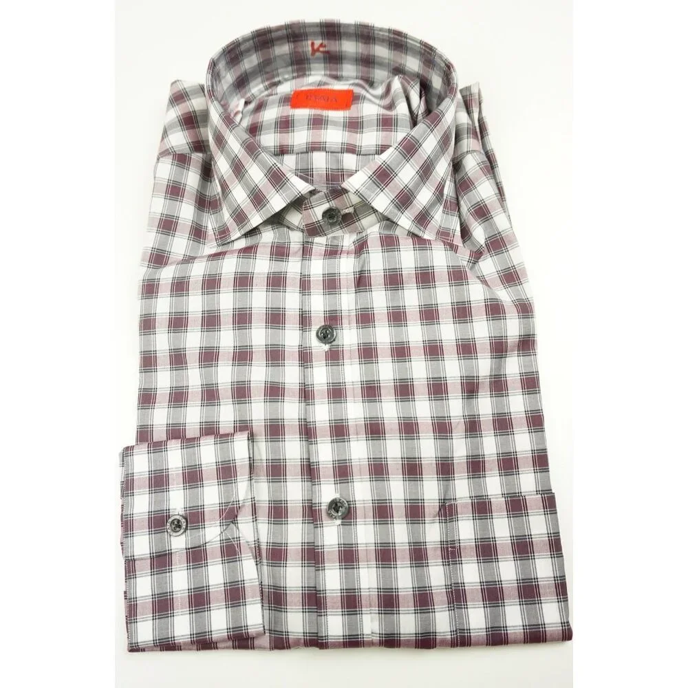 Isaia Merlot Red White Black Plaid Long Sleeve Cotton Dress Shirt 15.5/39 NEW - Picture 1 of 6